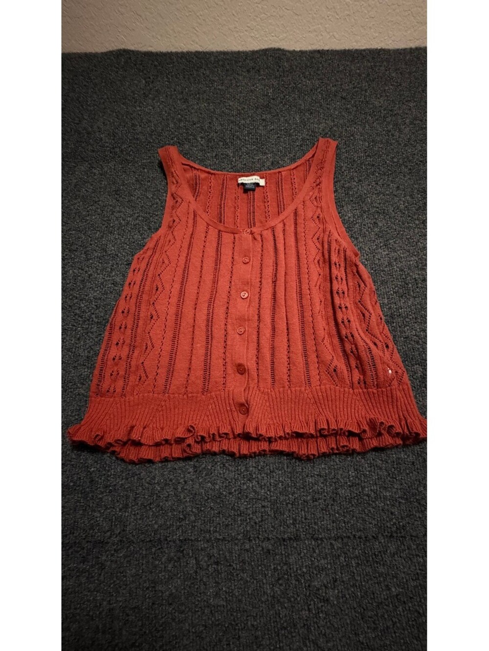 American Eagle Pointelle Knit Tank Top S Rust Button Front Ruffle Boho Y2K